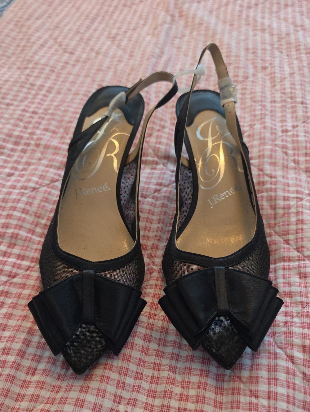 J.Renee Black Pointed-Toe Slingback Heels Bow NWOT Dotted Mesh Holidays Feminine